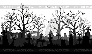 Old cemetery silhouette, abandoned graveyard tombs - vector image