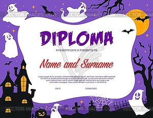 Kids diploma, Halloween ghosts on cemetery, award - vector image
