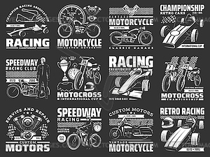 Racing car, motorcycle, bike and kart icons - vector clipart