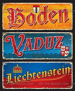 Baden, Vaduz, Liechtenstein, Swiss cities plates - vector image