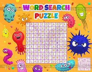 Cartoon viruses, germs and microbes word puzzle - vector image