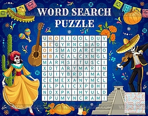 Mexican Dia de Los Muertos holiday word search - vector image