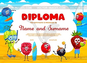 Cartoon berries on summer beach, kids diploma - vector clipart