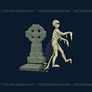 Cartoon spooky mummy rise of grave, horror - vector image