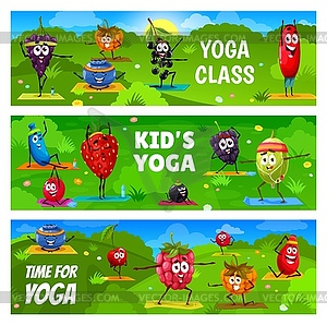 Yoga class, cartoon berry characters on fitness - vector image