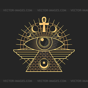 Egypt pyramid, eye occult sign, Egypt cross, moon - royalty-free vector image