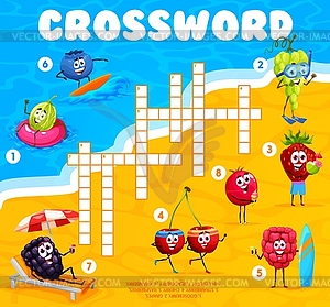 Crossword grid with funny berry character on beach - vector clip art