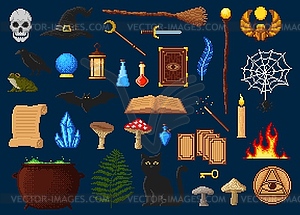 Witchcraft or Halloween 8 bit pixel art characters - vector image