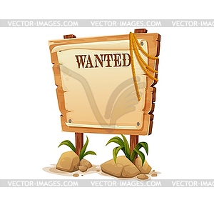 Wood sign, cartoon western wanted board with lasso - vector image