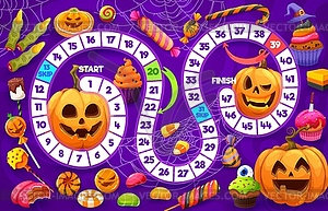 Step board game with Halloween pumpkins, sweets - vector clipart