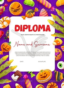 Halloween kids diploma with cartoon candies sweets - vector clip art