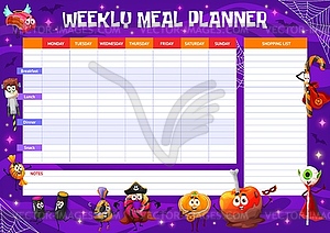 Weekly meal planner with cartoon Halloween candies - color vector clipart