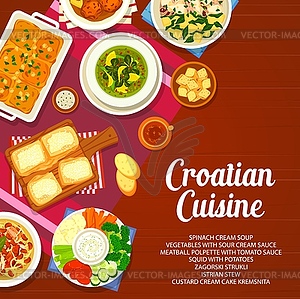 Croatian cuisine menu cover, food dishes and meals - vector image