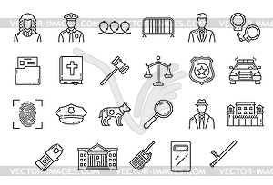 Justice, legal, police, court, law outline icons - vector clip art