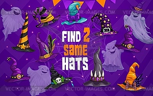 Halloween kids game, find two same witch hats - vector clipart