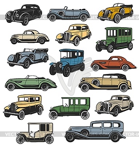 Retro cars, vintage vehicles icons set - vector clipart