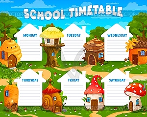 Weekly timetable schedule with cartoon fairy house - vector clipart