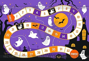 Step board game, Halloween ghosts on cemetery - vector image