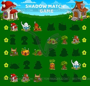 Shadow match game worksheet, gnome and elf houses - vector image