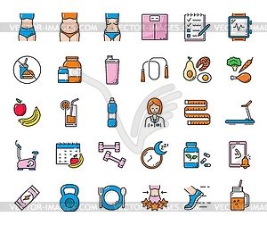 Diet nutrition, healthy food, sport outline icons - vector clipart