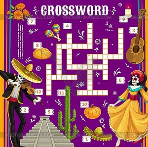 Dia de Los Muertos Day of Dead holiday crossword - vector image