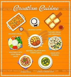 Хорватская кухня, блюда из меню ресторана - рисунок в векторе
