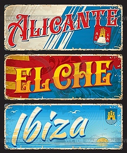 Alicante, Elche, Ibiza, Spanish city travel plates - vector clipart