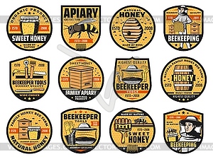 Beekeeping, apiary icons, honey products - vector image