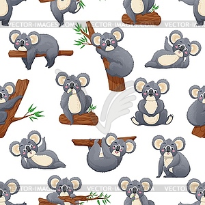 Cartoon funny koala characters, seamless pattern - vector clipart