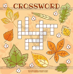 Autumn tree leaves crossword grid worksheet page - vector image