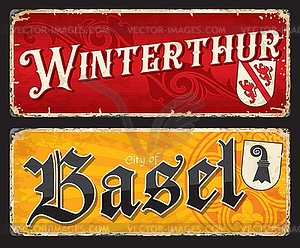 Winterthur, Basel, Swiss cities travel plates - vector image