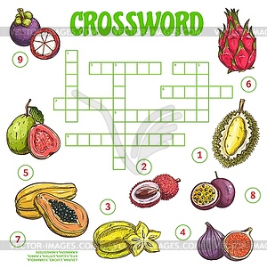 Tropical raw fruits crossword grid worksheet - vector image