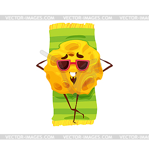 Cartoon cheese character sunbathes on beach - vector clipart