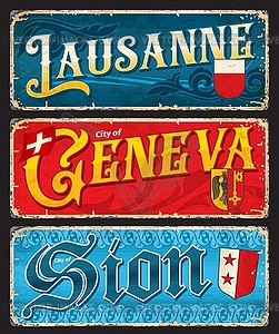 Lausanne, Geneva, Sion, Swiss cities travel plates - vector clipart