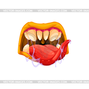 Желтые зубы и язык со слюной, жуткий рот - векторный клипарт Royalty-Free