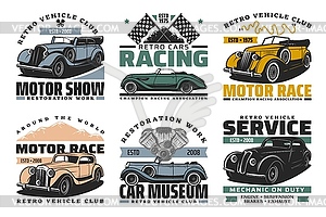 Classic vehicles motor show, retro cars race icon - vector image