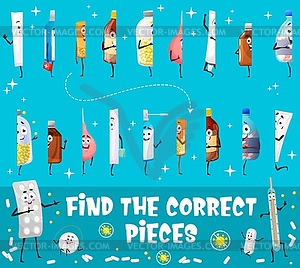 Find correct pieces, game worksheet, cartoon pills - color vector clipart