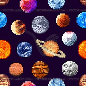 8-битная пиксельная графика космическая планета звезды бесшовный узор - векторный графический клипарт