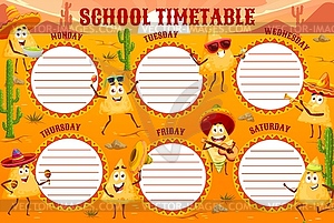 Timetable schedule with nachos chips characters - vector clipart