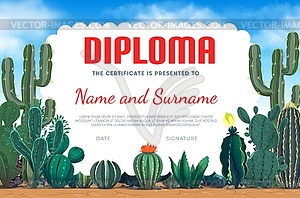 Kids diploma, cacti succulents, school certificate - vector clip art