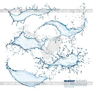 Blue water wave splash, swirl and flow, set - vector image