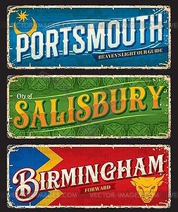 Portsmouth, Salisbury, Birmingham UK travel signs - vector clipart
