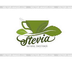 Stevia icon, cup and green leaf, natural sweetener - color vector clipart