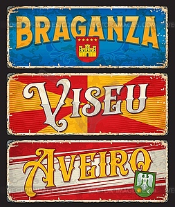 Viseu, Braganza, Aveiro, Portuguese city plates - vector image