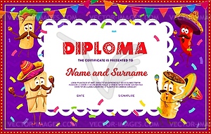 Kids diploma mexican fiesta and tex mex personages - vector clipart / vector image