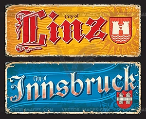 Linz, Innsbruck, Austrian cities, travel plates - vector image