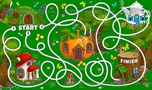 Labyrinth maze worksheet, cartoon fairy houses - vector clip art