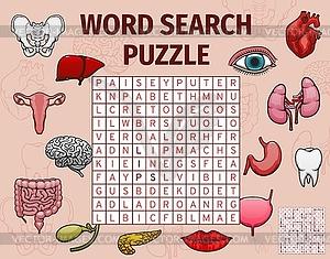 Human organs, body parts, word search puzzle game - royalty-free vector clipart