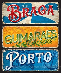 Porto, Braga, Guimaraes, Portuguese city plates - vector image