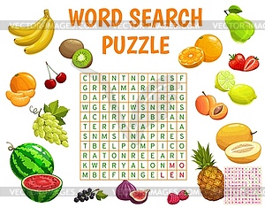 Raw farm fruits, berries, word search puzzle game - vector clip art